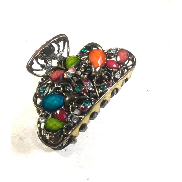 Hair Claw Clip Rhinestone Bright Colored Bejeweled Copper Tone Metal - Picture 1 of 5